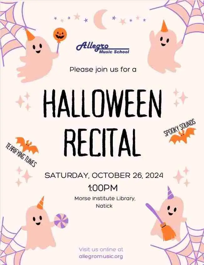 Join Allegro Music School for a fun-filled Halloween Recital on October 26, 2024, at the Morse Institute Library.