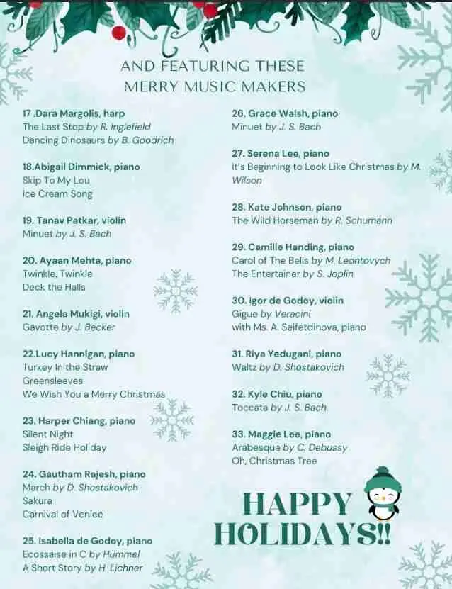 Allegro Music School’s Winter Recital with performances by talented students on piano, violin, and harp, playing holiday classics and timeless pieces